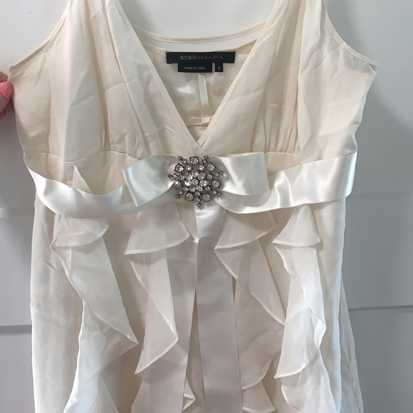 BCBG Ivory Dress! Feminine details including sparkle broach & vertical ruffles - Picture 2 of 5